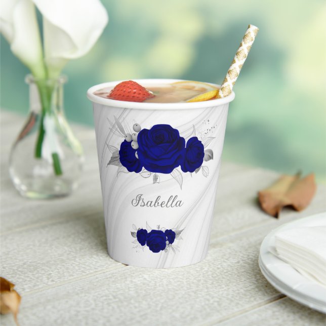royal blue flowers silver leaves marble paper cups (Insitu)