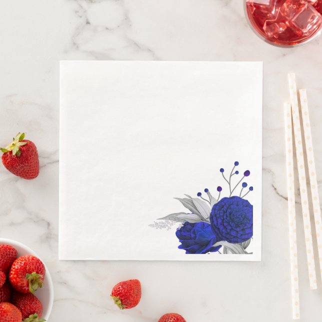 royal blue flowers & silver leaves napkin (Insitu)