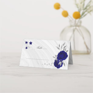 royal blue flowers silver leaves place card