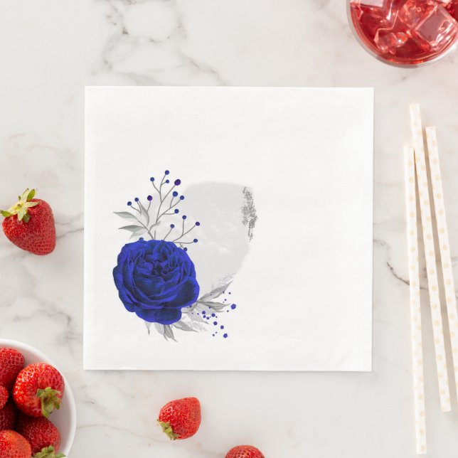 royal blue flowers & silver leaves white napkin (Insitu)