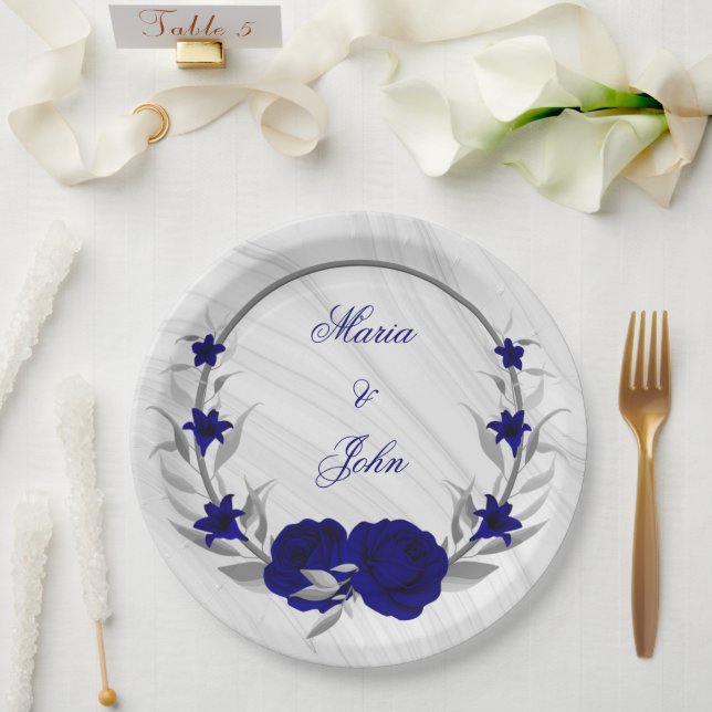 royal blue flowers silver leaves wreath marble paper plate (Wedding)