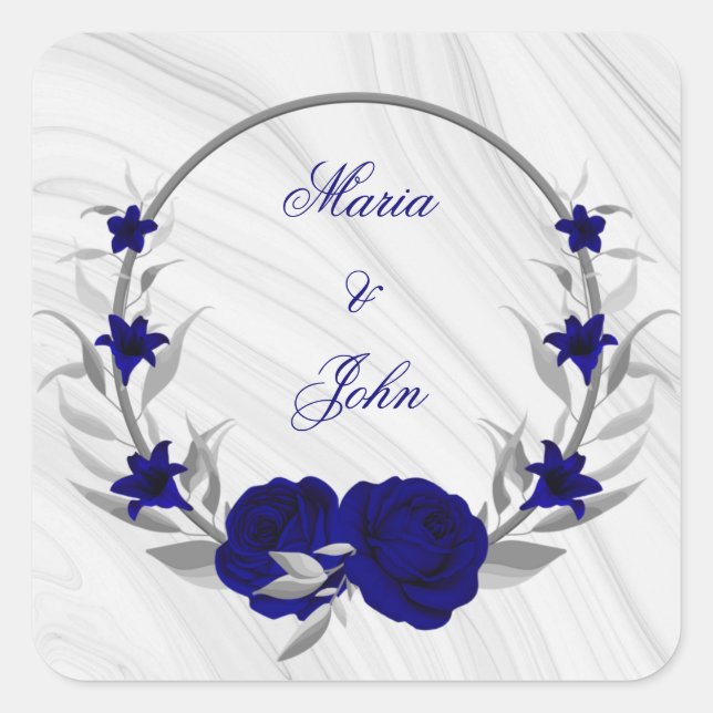 royal blue flowers silver leaves wreath marble square sticker (Front)
