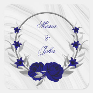 royal blue flowers silver leaves wreath marble square sticker