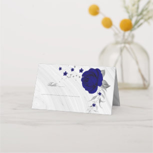 royal blue flowers silver place card