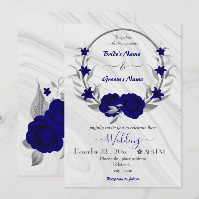 royal blue flowers silver wreath wedding invitatio invitation (Front/Back)