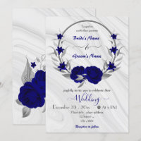 royal blue flowers silver wreath wedding invitatio