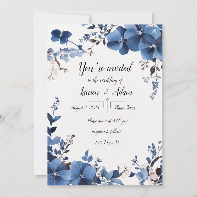 Royal Blue Flowers Wedding Invitation (Front)