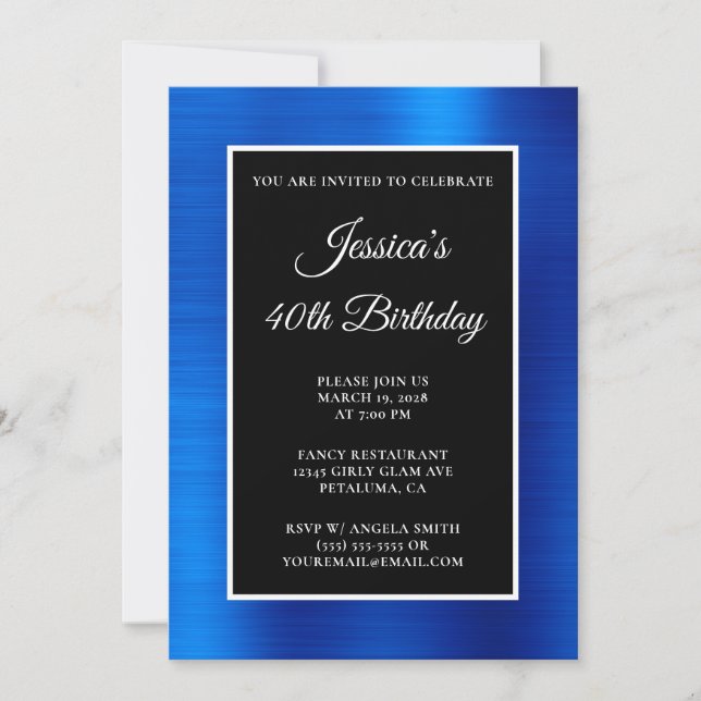 Royal Blue Foil Black and White 40th Birthday Invitation (Front)
