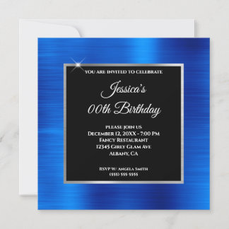 Royal Blue Foil Glam Silver Black Overlay Birthday Invitation