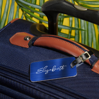 Royal Blue Foil Modern Brush Script First Name Luggage Tag