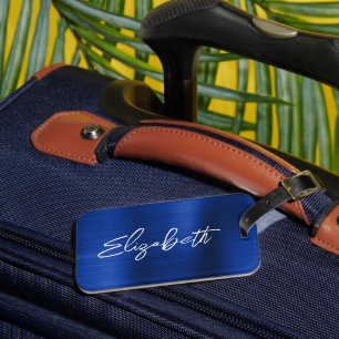 Royal Blue Foil Modern Brush Script First Name Luggage Tag