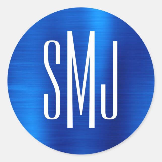Royal Blue Foil Three Letter Monogram Classic Round Sticker (Front)