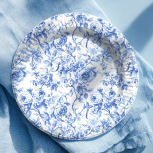 Royal Blue French Toile Roses Floral Paper Plates