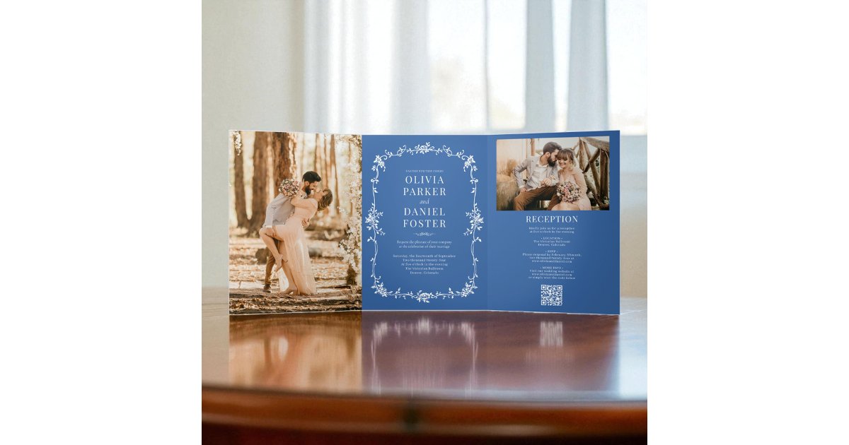 Royal Blue French Victorian QR Code Photo Wedding Tri-Fold Invitation ...