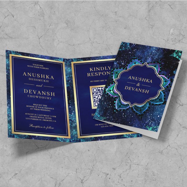 Royal Blue Galaxy Mandala QR Code Indian Wedding Invitation (Creator Uploaded)