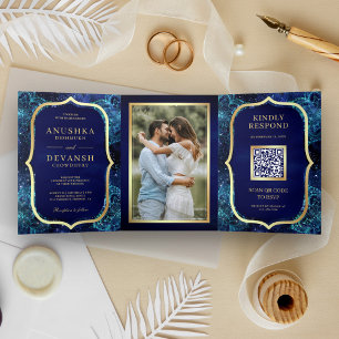 Royal Blue Galaxy Mandala QR Code Indian Wedding Tri-Fold Invitation