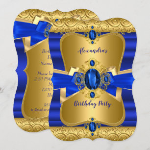 Royal Blue Gem Gold Bow Birthday Party Invitation