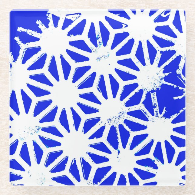 Royal blue geometric pattern glass coaster (Front)