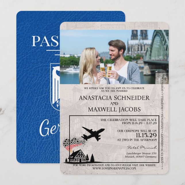 Royal Blue Germany Passport Wedding Invitation (Front/Back)