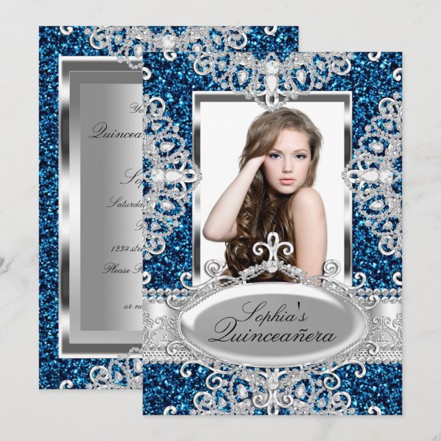 Royal Blue Glitter Diamond Glamour Quinceanera Invitation (Front/Back)