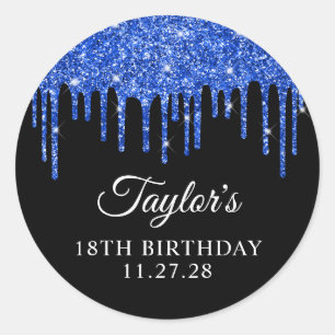 Royal Blue Glitter Drips on Black 18th Birthday Classic Round Sticker