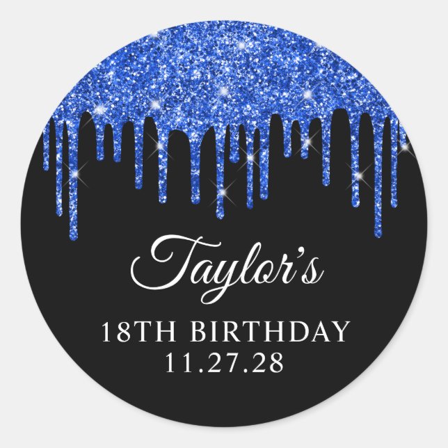 Royal Blue Glitter Drips on Black 18th Birthday Classic Round Sticker (Front)
