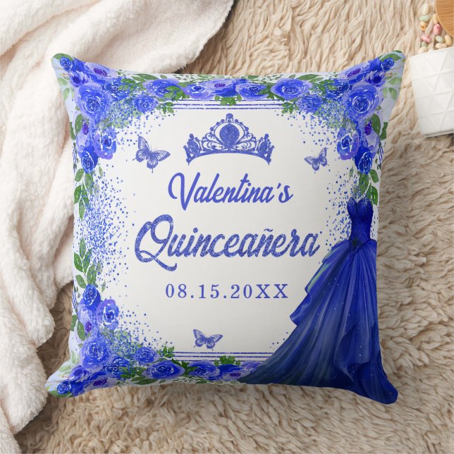 Royal Blue Glitter Floral Quinceanera Party Cushion (Blanket)