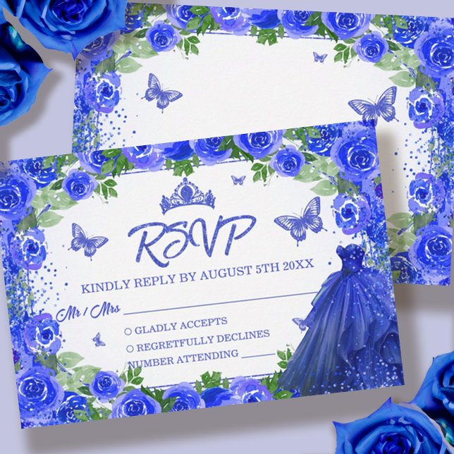 Royal Blue Glitter Floral Quinceanera RSVP Card (Blue Glitter Floral Quinceanera RSVP Card)