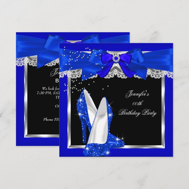 Royal Blue Glitter High Heel Silver Birthday Party Invitation (Front/Back)