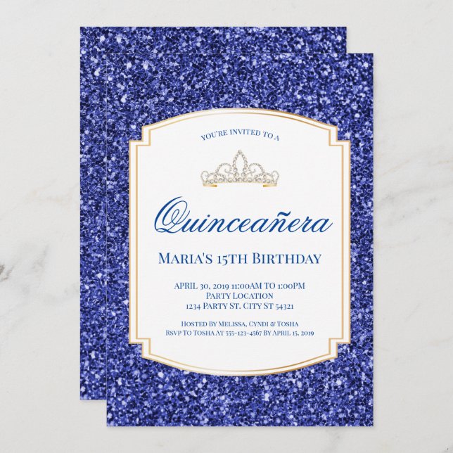 Royal Blue Glitter Quinceañera Invitations (Front/Back)