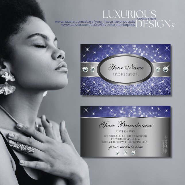 Royal Blue Glitter Sparkle Stars Diamonds Quality Business Card (Creator Uploaded)