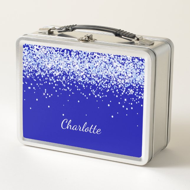 Royal blue glitter sparkles name script metal lunch box (Front)