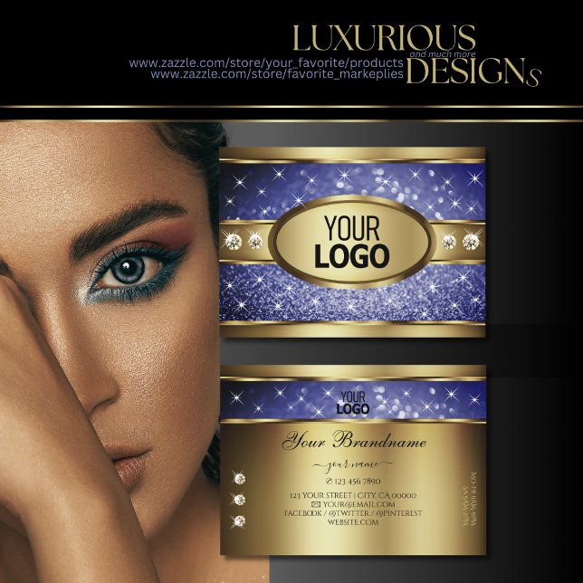 Royal Blue Glitter Stars Diamonds and Logo Gold Business Card (Creator Uploaded)