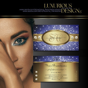 Royal Blue Glitter Stars Diamonds Initials Gold Business Card
