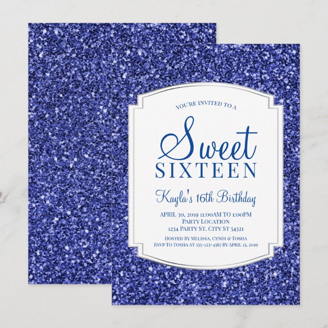 Royal Blue Glitter Sweet 16 Invitations (Front/Back)
