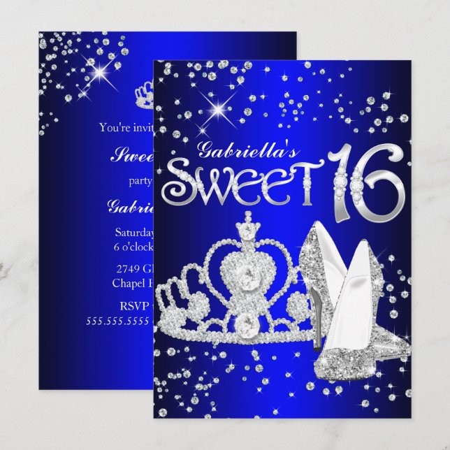 Royal Blue Glitter Tiara & Heels Sweet 16 Invite (Front/Back)