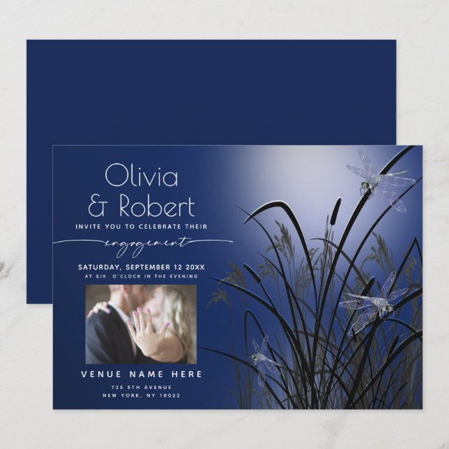 Royal Blue Glow Engagement Moonlight Dragonfly Invitation (Front/Back)
