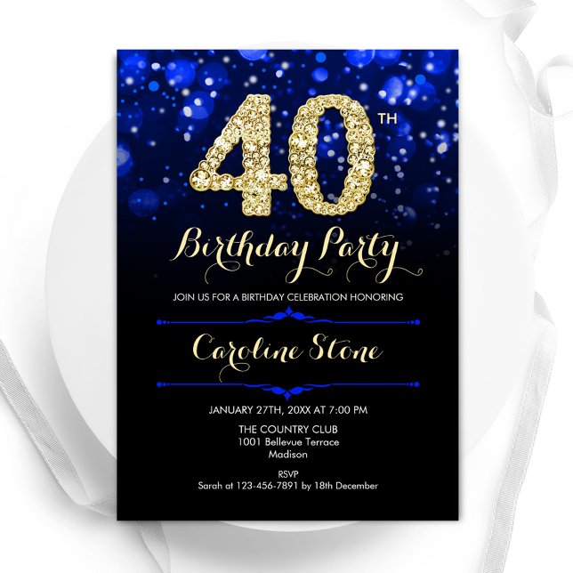 Royal Blue Gold 40th Birthday Invitation (Creator Uploaded)