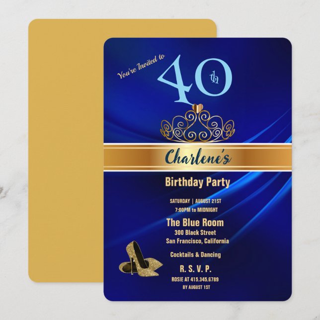 Royal Blue & Gold 40th Birthday Party Invitation (Front/Back)