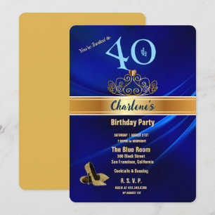 Royal Blue & Gold 40th Birthday Party Invitation