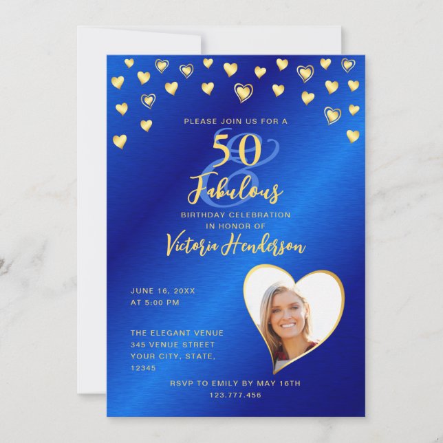 Royal Blue & Gold 50 and Fabulous Birthday Invitation (Front)