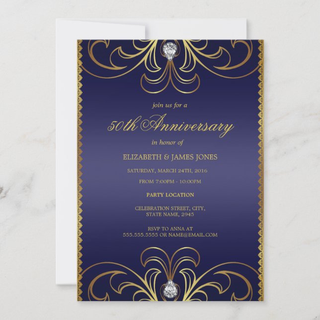 Royal Blue & Gold 50th Wedding Anniversary Invite (Front)