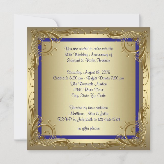 Royal Blue Gold 50th Wedding Anniversary Party Invitation (Front)