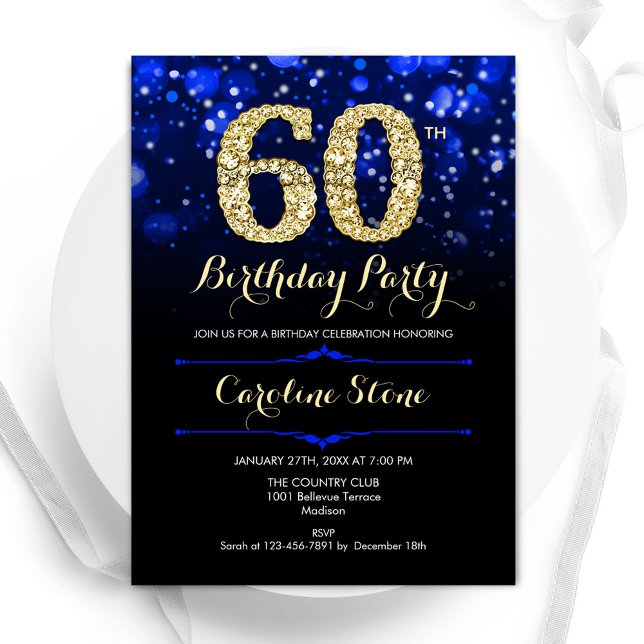 Royal Blue Gold 60th Birthday Invitation (Creator Uploaded)