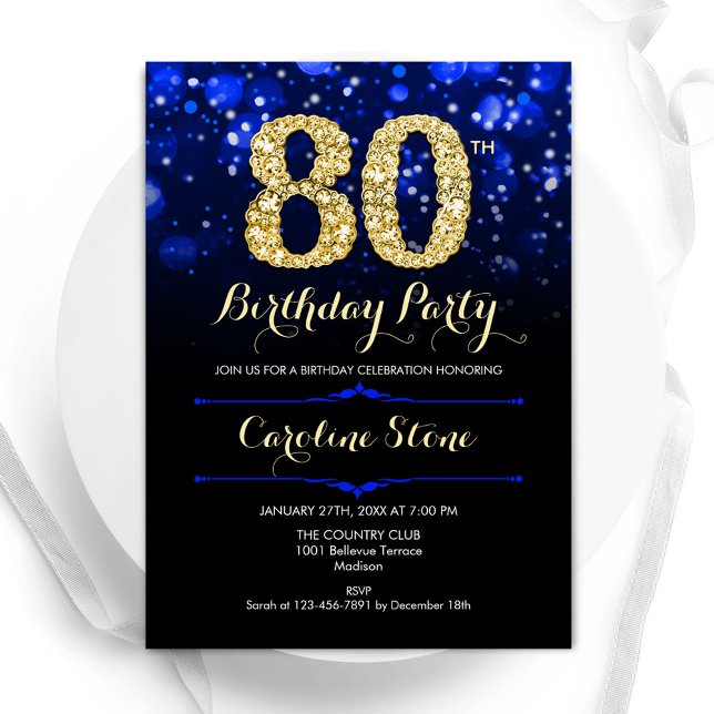 Royal Blue Gold 80th Birthday Invitation (Creator Uploaded)