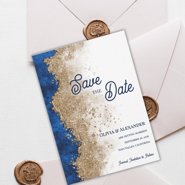 Royal Blue Gold Abstract Luxury Formal Wedding  Save The Date (Royal Blue Gold Save the Date Card Luxury Navy Blue Gold Wedding Save The Date )