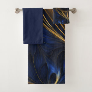Royal Blue Gold Abstract Swirl Bath Towel Set