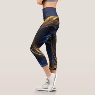Royal Blue Gold Abstract Swirl Capri Leggings