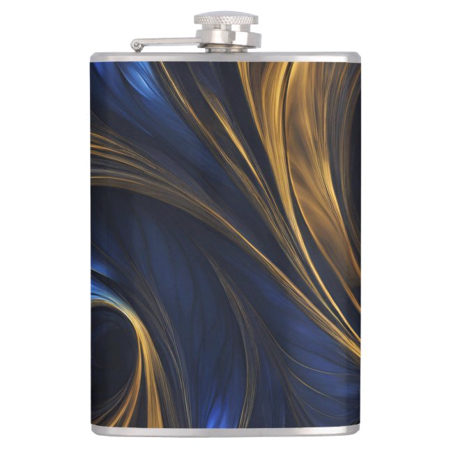 Royal Blue Gold Abstract Swirl Hip Flask (Front)
