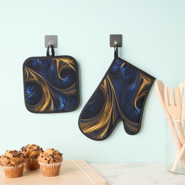 Royal Blue Gold Abstract Swirl Oven Mitt & Pot Holder Set (Insitu(Hanging))